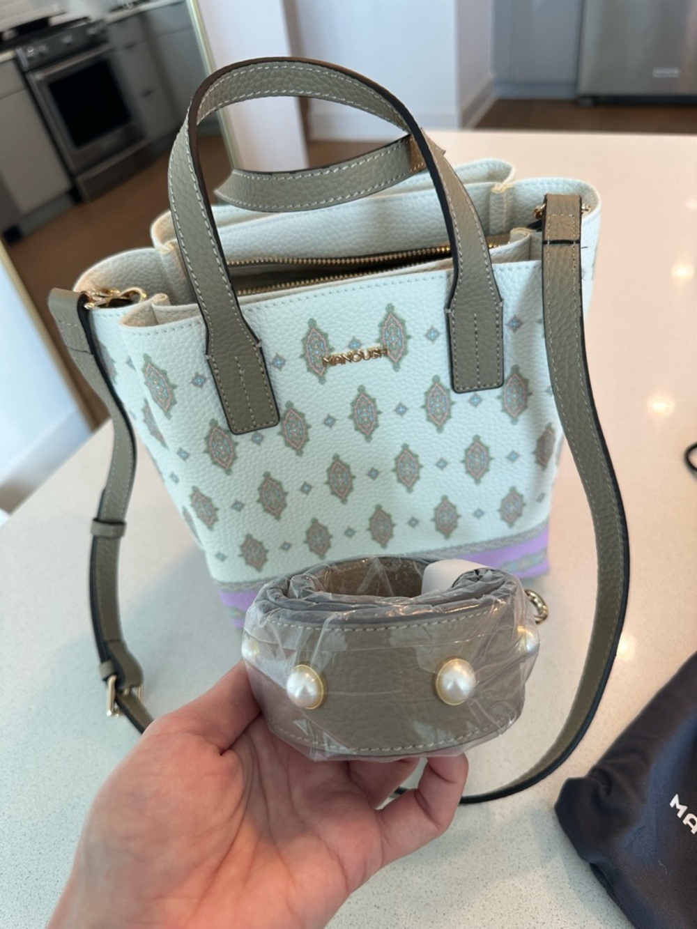 Manoush White and Lavender Kilim Patterned, Ople-Embossed Synthetic Leather Tote - Picture 10 of 13